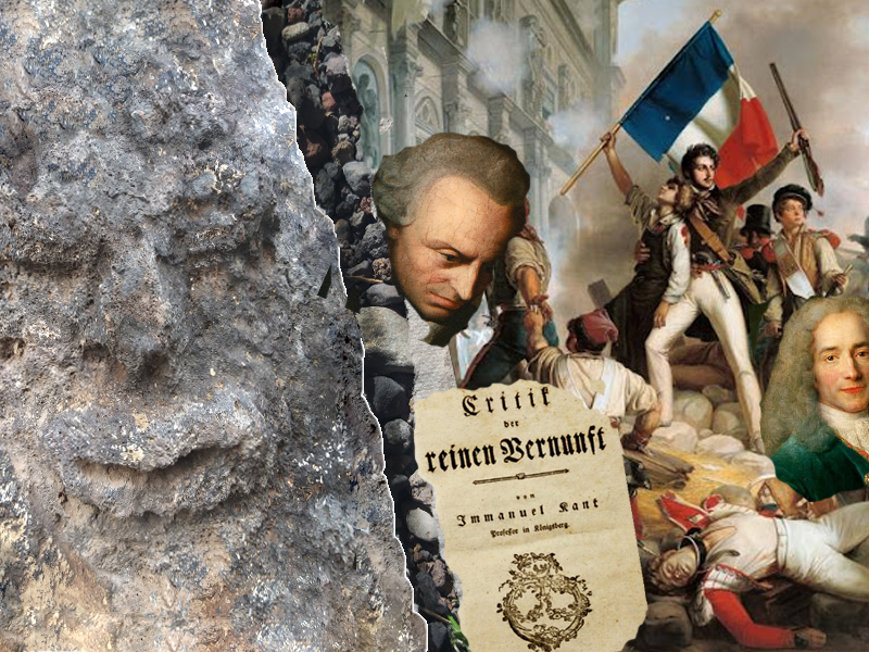 Eine Montage aus einem steinernen Urgespenst und Bildern der europäischen Aufklärung