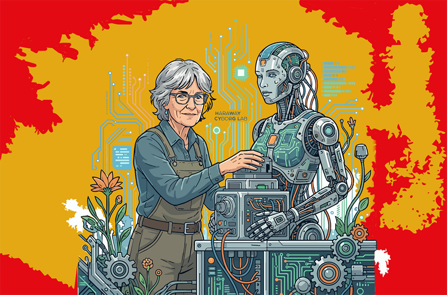 Donna Haraway collaborating with a cyborg