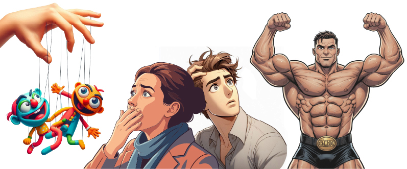 Eine Marionette an Fäden, zwei ängstlich schauende Personen und ein Bodybuilder