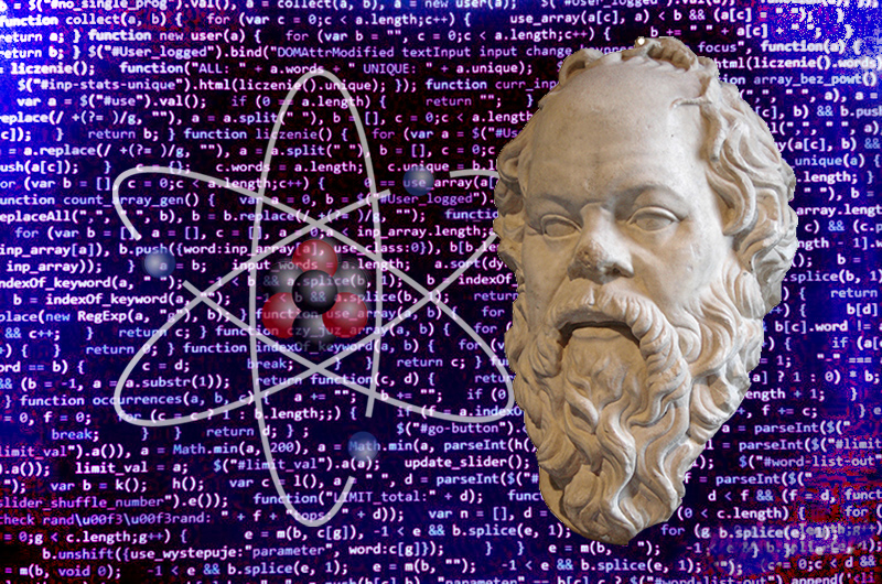 Ein Atom und die Büste von Sokrates vor Programmtext