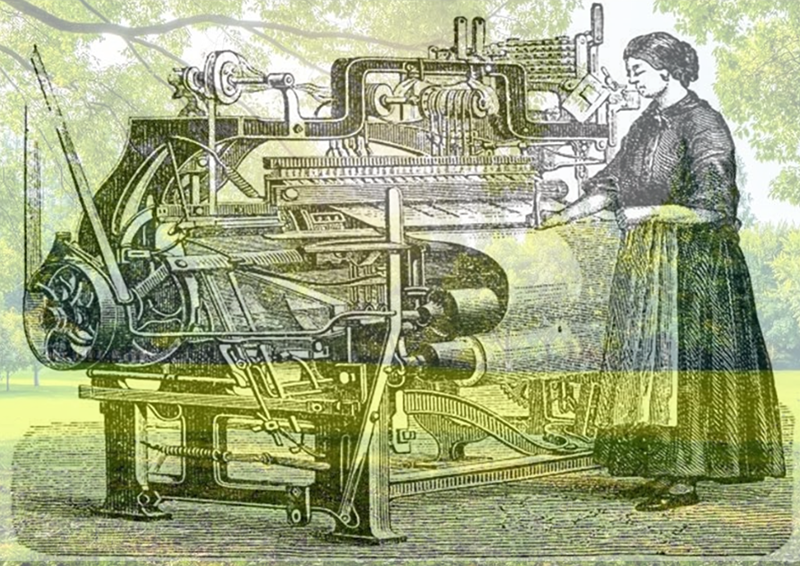 Ein mechanischer Webstuhl vor einer grünen Landschaft