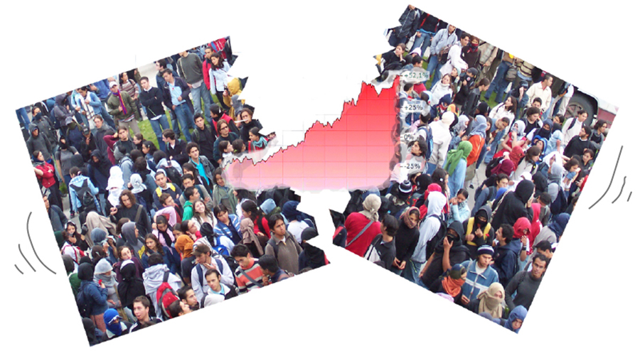 Eine Menschenmenge zerbricht unter einem steigenden Aktienkurs