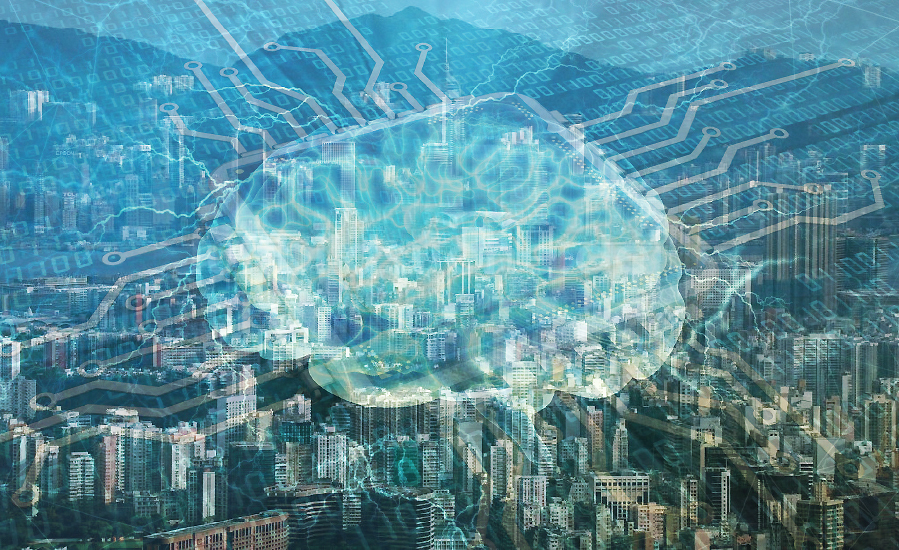 Ein Meer von Hochhäusern, überlagert von einer CPU und einem zentralen Gehirn