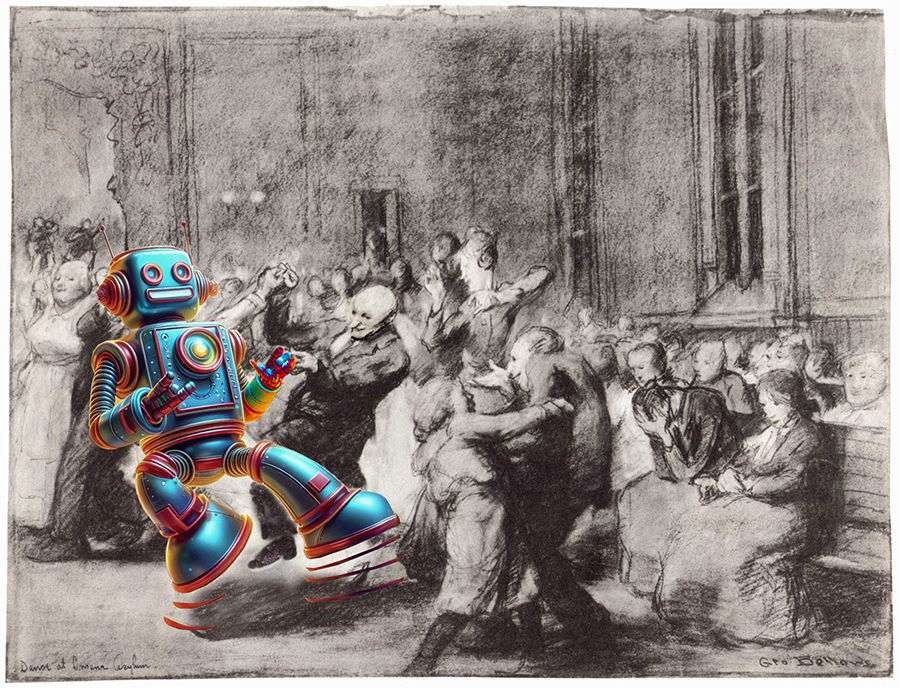 Ein knallbunter Roboter tanzt in einer Gesellschaft des 19. Jahrhunderts