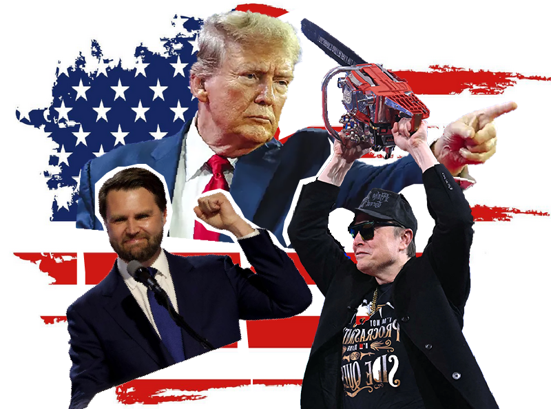 Donald Trump, Elon Musk und J.D. Vance vor der US-amerikanischen Flagge