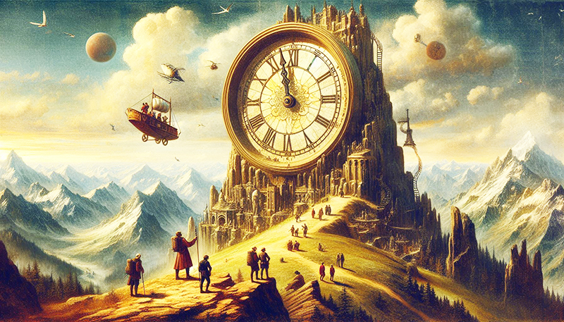 Eine große Uhr steht auf einer Bergspitze; davor stehen Wanderer